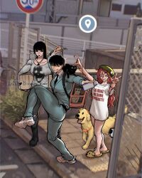 3girls 5others animal animal_on_shoulder ayaki_blade backpack bag biceps black_footwear black_hair black_lips black_necktie blue_suit boots box breasts cardboard_box carrying carrying_under_arm cat chinchilla_(animal) clothes_writing commentary commentary_request dog dog_slippers double_v english_commentary english_text expressionless formal_clothes glasses goth_fashion green_eyes high_school_girls_posing_for_google_street_view_(meme) highres holding holding_leash large_breasts leash long_hair long_shirt meme multiple_girls multiple_others muscular muscular_female necktie original pet_carrier pet_walking pixie_cut red_hair round_eyewear sally_(ayaki_blade) shoes short_hair slippers sneakers standing standing_on_one_leg suit sylense_(ayaki_blade) tomoka_(ayaki_blade) v white_footwear