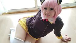 Rule 34 | 1girl, animated, anya (spy x family), anya (spy x family) (cosplay), ass, ass shake, black dress, cosplay, dress, eden academy school uniform, female focus, gold trim, highres, huge ass, indoors, long sleeves, looking at viewer, maitwerking, medium hair, neck ribbon, photo (medium), pink hair, real life, red ribbon, ribbon, school uniform, smile, solo, sound, spanish (nationality), spy x family, thighhighs, twerking, video, white thighhighs