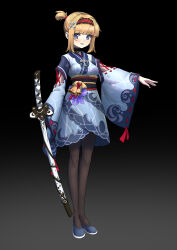 absurdres black_choker blonde_hair blue_footwear blue_hanfu brown_pantyhose chinese_clothes choker clothing_cutout cross cross_necklace full_body furisode_sleeves grey_background hairband hanfu highres jewelry katana necklace original pantyhose pink_lips ponytail purple_eyes qujupao re0i04 short_ponytail shoulder_cutout smile sword weapon yaopei