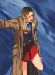 1girl astrubalart blonde_hair breasts cape coat dc_comics highres long_hair medium_breasts open_mouth short_hair skirt solo spoilers supergirl superhero_costume superman_(series)