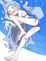 1girl animal_ears bikini blue_eyes fang highres koyansuee long_hair open_mouth original skin_fang skinny sky smile speech_bubble standing standing_on_one_leg swimsuit tail very_long_hair wolf_ears wolf_girl wolf_tail