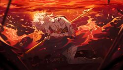 1boy arrow_(projectile) artist_name closed_eyes closed_mouth highres honkai:_star_rail honkai_(series) impaled kneeling male_focus medium_hair mydei_(honkai:_star_rail) orange_hair pogogu polearm red_tattoo solo spear weapon