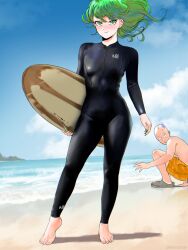 1boy 1girl absurdres bald barefoot beach bodysuit breasts curly_hair day devovas diving_suit green_eyes green_hair highres holding holding_surfboard long_sleeves looking_at_viewer male_swimwear one-punch_man orange_male_swimwear outdoors saitama_(one-punch_man) short_hair small_breasts surfboard tatsumaki water wetsuit
