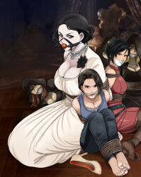Rule 34 | 6+girls, absurdres, ada wong, alcina dimitrescu, arms behind back, ball gag, bdsm, bela dimitrescu, black flower, black hair, blonde hair, blue eyes, bondage, bound, bound ankles, bound arms, breasts, brown eyes, brown hair, capcom, cassandra dimitrescu, cleavage, cleave gag, cloth gag, daniela dimitrescu, earrings, flower, gag, gagged, highres, improvised gag, jewelry, jill valentine, large breasts, looking at viewer, lost one zero, makeup, multiple girls, nail polish, necklace, resident evil, resident evil 2, resident evil 3: nemesis, resident evil village, shoes, tape, tape gag, toenail polish, toenails, unworn shoes, yellow eyes