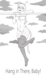 1girl absurdres animal_ears bandeau breasts cat_ear_panties cat_ears cat_girl cat_tail cleavage cleavage_cutout clothing_cutout cloud commentary_request covered_erect_nipples english_text full_body greyscale hair_ornament highres medium_breasts mishislover monochrome open_mouth original panties side-tie_panties solo spanish_commentary tail thighhighs underboob underwear