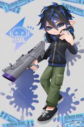 Rule 34 | 1boy, black hair, black jacket, black shoes, blue eyes, blue hair, closed mouth, commentary, commission, full body, green pants, hair between eyes, headphones, headphones around neck, highres, holding, holding weapon, hood, hood down, hooded jacket, inkling, inkling boy, inkling player character, jacket, long sleeves, looking at viewer, male focus, multicolored hair, nintendo, pants, pointy ears, puchiman, s-blast (splatoon), shoes, short hair, signature, solo, splatoon (series), standing, symbol-only commentary, tentacle hair, two-tone hair, watermark, weapon