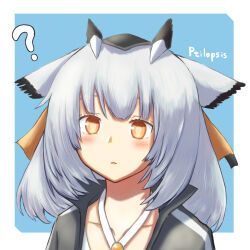 Rule 34 | 1girl, ?, arknights, black jacket, blue background, blush, border, character name, collarbone, commentary request, highres, jacket, medium hair, outside border, parted lips, partial commentary, portrait, ptilopsis (arknights), simple background, solo, white border, white hair, yellow eyes, yudoufu (bioyudoufu)
