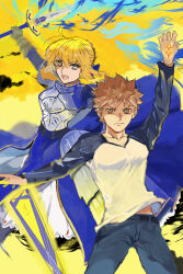 1boy 1girl ahoge armor armored_dress artoria_pendragon_(fate) avalon_(fate) blonde_hair blue_dress blue_eyes braid breastplate brown_eyes brown_hair commentary_request dress emiya_shirou erk_(okra_ecory) excalibur_(fate/stay_night) fate/stay_night fate_(series) highres holding holding_sword holding_weapon long_dress open_mouth reverse_grip saber_(fate) sheath sword weapon