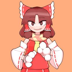 Rule 34 | 1girl, animal hands, ascot, benikurage (cookie), bow, brown background, brown eyes, brown hair, commentary, cookie (touhou), detached sleeves, fang, frilled bow, frilled hair tubes, frills, gloves, hair bow, hair tubes, hakurei reimu, highres, looking at viewer, open mouth, orange scarf, parted bangs, paw gloves, red bow, red shirt, ribbon-trimmed sleeves, ribbon trim, scarf, shirt, short hair, sidelocks, simple background, sleeveless, sleeveless shirt, smile, solo, striped clothes, striped scarf, touhou, upper body, white sleeves, yellow ascot, yellow scarf, yoshida (4u9si5zwts8nozx)