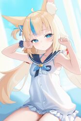 Rule 34 | 1girl, ahoge, animal ear fluff, animal ears, arms up, bare arms, blonde hair, blue eyes, blue hair, blue neckerchief, blue sailor collar, blush, breasts, bright background, buttons, cat ears, closed mouth, commentary, dress, frilled dress, frills, half-closed eyes, head tilt, highres, hoshimurii, indie virtual youtuber, lifebuoy hair ornament, long hair, looking at viewer, low twintails, multicolored hair, neckerchief, one side up, paper boat, sailor collar, sameko saba, scrunchie, sitting, sleeveless, sleeveless dress, small breasts, solo, streaked hair, twintails, very long hair, virtual youtuber, white dress, wrist scrunchie