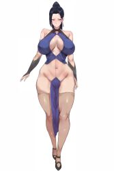 1girl absurdres black_hair black_shoes blue_shirt blush bracer breasts brown_thighhighs center_opening character_request cleavage earrings full_body highres huge_breasts impossible_clothes jewelry mousekkk pelvic_curtain ponytail shirt shoes solo thighhighs white_background xiuxian:_mu_zhu_chuan