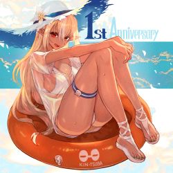 1girl anniversary ass bikini blonde_hair breasts cleavage dark-skinned_female dark_elf dark_skin elf feet full_body hair_between_eyes hat highres hololive lack large_breasts long_hair looking_at_viewer multicolored_hair nail_polish open_mouth pointy_ears red_eyes sandals see-through_clothes shiranui_flare shirt skindentation solo streaked_hair swimsuit thigh_strap thighs toenail_polish toenails tongue two-tone_hair virtual_youtuber wet wet_clothes wet_shirt white_bikini white_hair white_hat