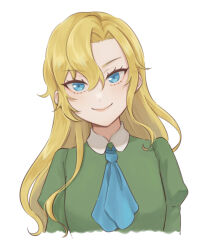 Rule 34 | 1girl, ascot, blonde hair, blue ascot, blue eyes, closed mouth, collared dress, commentary, cropped torso, dress, fly41 07, green dress, hair between eyes, head tilt, ib (kouri), looking at viewer, mary (ib), simple background, smile, solo, straight-on, symbol-only commentary, wavy hair