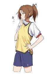 Rule 34 | 1girl, absurdres, blue shorts, brown hair, cowboy shot, cropped legs, from side, gym shirt, gym shorts, gym uniform, hand on own hip, hashtag-only commentary, hibike! euphonium, highres, hot, jersey, matarasu (aaaaaaaaj), nakagawa natsuki, ponytail, profile, shirt, shorts, simple background, solo, sweat, white background, white shirt, wiping sweat, wiping with clothes