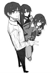 Rule 34 | 1boy, 2girls, asagami fujino, black hair, black necktie, egomeshi, grey hair, hand in pocket, highres, jacket, japanese clothes, kara no kyoukai, kokutou mikiya, long hair, looking at viewer, multiple girls, necktie, ryougi shiki, shirt, short hair