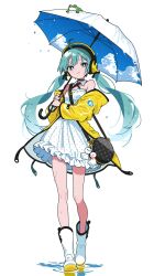 1girl ahoge ameniwa bag bare_shoulders boots detached_collar dress frog hatsune_miku headphones highres holding holding_umbrella long_hair puddle raincoat rubber_boots shoulder_bag solo teruterubouzu twintails umbrella very_long_hair vocaloid water_drop white_background white_boots white_dress yellow_raincoat