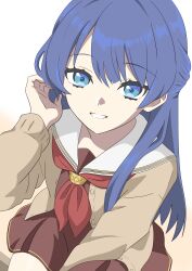 1girl absurdres blue_eyes blue_hair brown_cardigan brown_dress cardigan commentary cowboy_shot dress grin half_updo hasu_no_sora_school_uniform highres link!_like!_love_live! long_hair long_sleeves looking_at_viewer love_live! murano_sayaka neckerchief open_cardigan open_clothes pleated_dress red_neckerchief sailor_collar sailor_dress school_uniform short_dress smile solo syuri0702 virtual_youtuber white_sailor_collar winter_uniform