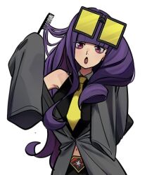 1girl :o black_coat blunt_bangs brushing_hair coat comb echizen_(n_fns17) eyewear_on_head highres holding holding_comb long_hair long_sleeves looking_at_viewer navel necktie nintendo official_alternate_color open_mouth pink_eyes pokemon pokemon_masters_ex purple_lips rachel_(pokemon) sleeves_past_fingers sleeves_past_wrists solo sunglasses upper_body white_background wide_sleeves yellow_necktie
