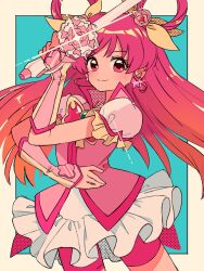 1girl aqua_background arm_warmers butterfly_brooch butterfly_earrings commentary cure_dream earrings flower frilled_skirt frills hair_flower hair_ornament hair_ribbon hair_rings highres holding holding_sword holding_weapon jewelry long_hair magical_girl pink_eyes pink_hair pink_shorts precure ribbon sanamaru_(sana79261827) shorts shorts_under_skirt skirt solo sword two-tone_background weapon white_skirt yellow_ribbon yes!_precure_5 yes!_precure_5_gogo! yumehara_nozomi