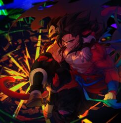 Rule 34 | black hair, blue sash, closed mouth, dougi, dragon ball, dragon ball heroes, gloves, long hair, male focus, monkey boy, monkey tail, multiple boys, muscular, muscular male, ommmyoh, pants, red fur, saiyan, sash, son goku, son goku (xeno), spiked hair, super saiyan, super saiyan 4, tail, time patrol (dragon ball), twitter username, vegeta, vegeta (xeno)