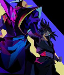 2boys 9ta500 black_bodysuit black_eyes black_hair blood bloody_weapon blue_sash bodysuit clenched_hand colored_skin death dougi dragon_ball dragon_ball_super earrings energy_blade energy_sword evil_smile goku_black gowasu jewelry long_sleeves mohawk multiple_boys murder pointy_ears potara_earrings purple_shirt red_sash saiyan sash shirt smile spiked_hair stab sword unusual_blood_color weapon white_hair yellow_skin