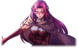 Rule 34 | 1girl, artist request, braid, breasts, clenched hand, closed mouth, code geass, code geass: lost stories, cornelia li britannia, cropped torso, crown braid, elbow gloves, eye trail, female focus, forehead, game cg, gloves, grey cloak, hair intakes, highres, large breasts, light trail, looking at viewer, matching hair/eyes, non-web source, official art, outstretched arm, purple eyes, purple gloves, purple shirt, serious, shirt, sidelocks, simple background, sleeveless, sleeveless shirt, solo, transparent background, upper body, v-shaped eyebrows