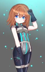 1girl black_bodysuit blue_eyes blush bodysuit brown_hair closed_mouth dirge_of_cerberus_final_fantasy_vii final_fantasy final_fantasy_vii gloves highres langley1000 lifestream long_hair looking_at_viewer shelke_the_transparent short_hair solo thigh_strap