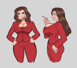 Rule 34 | absurdres, blue eyes, breasts, brown hair, bu55top, cleavage, cropped legs, earrings, from side, happy, highres, jacket, jewelry, large breasts, long hair, mario (series), nintendo, open mouth, pants, pauline (mario), red jacket, red pants, smile, the super mario bros. movie