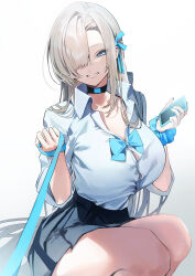 Rule 34 | absurdly long hair, absurdres, asuna (blue archive), black choker, black skirt, blonde hair, blue archive, blue eyes, blue nails, blue ribbon, blue scrunchie, breasts, button gap, cellphone, choker, cleavage, collared shirt, commentary, grin, hair over one eye, hair ribbon, highres, holding, holding leash, holding phone, huge breasts, leash, long hair, mayutsuba mono, one eye covered, parted bangs, phone, pleated skirt, pov, ribbon, scrunchie, shirt, shirt tucked in, sidelocks, skirt, smartphone, smile, solo, very long hair, viewer on leash, white background, white shirt, wrist scrunchie