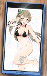 1girl absurdres artist_name blush bottomless bow breasts brown_eyes cellphone cleavage convenient_censoring convenient_leg female_focus green_bow grey_hair hair_bow highres large_breasts long_hair looking_at_viewer love_live! love_live!_school_idol_project minami_kotori navel open_mouth phone roswell_ss smile solo standing v v_over_eye