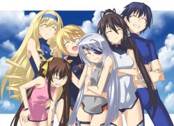 1boy 5girls blonde_hair breasts brown_hair cecilia_alcott charlotte_dunois closed_eyes covered_navel crossed_arms dirty dirty_clothes dirty_face drill_hair eyepatch grey_hair grin hair_ribbon hand_on_own_hip happy headband highres huang_lingyin infinite_stratos large_breasts laura_bodewig legs leotard long_hair low_ponytail medium_breasts midriff multiple_girls open_mouth orimura_ichika pants ponytail ribbon shinonono_houki short_hair small_breasts smile thighs twintails very_long_hair