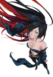 1girl bare_shoulders black_hair black_pants blue_eyes breasts crescent crow_(gravity_daze) gravity_daze highres long_hair medium_breasts mossan351 multicolored_hair pants red_hair revealing_clothes simple_background solo standing two-tone_hair white_background