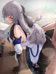 1boy 1girl ass bare_shoulders blue_ribbon blush boots breasts bronya_rand brown_gloves brown_pantyhose clothed_female_nude_male clothed_sex crossed_bangs desk detached_sleeves dress drill_hair earrings elbow_gloves gloves grey_eyes grey_hair hair_between_eyes hetero highres honkai:_star_rail honkai_(series) jewelry large_breasts long_hair n9at nude open_mouth pantyhose paper_stack ribbon sex sex_from_behind thigh_boots thighs white_dress