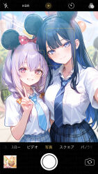2girls absurdres alternate_costume animal_ears aoi_(07aoi15) atsuko_(blue_archive) black_hair blue_archive blue_eyes blue_hair blue_necktie blue_skirt blush bow braid closed_mouth colored_inner_hair diagonal-striped_clothes diagonal-striped_necktie disneyland fake_animal_ears grin hair_between_eyes hair_bow highres long_hair mickey_mouse_ears multicolored_hair multiple_girls necktie outdoors plaid_clothes plaid_skirt polka_dot polka_dot_bow purple_hair red_bow red_eyes saori_(blue_archive) school_uniform selfie shirt sidelocks skirt smile striped_clothes twin_braids two-tone_hair v viewfinder white_shirt yellow_bow