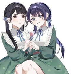 2girls animification black_hair blue_eyes blue_flower blue_hair blue_ribbon brown_eyes collared_dress commentary_request dakishimeru_hanabira dkou dress feet_out_of_frame flower flower_stand_art frilled_dress frills green_dress grin hair_flower hair_ornament holding holding_flower link!_like!_love_live! long_hair long_sleeves looking_at_viewer love_live! low_twintails medium_dress multiple_girls murano_sayaka neck_ribbon nonaka_kokona pink_flower real_life ribbon second-party_source simple_background sitting smile twintails virtual_youtuber voice_actor voice_actor_connection white_background
