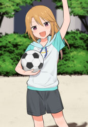 1girl absurdres arm_up ball blonde_hair blush commentary_request cowboy_shot drawstring foliage grey_shorts hair_between_eyes highres holding holding_ball hood hood_down hoodie idolmaster idolmaster_cinderella_girls long_hair looking_at_viewer meis_(terameisu) open_mouth outdoors purple_eyes short_sleeves shorts sidelocks smile soccer_ball solo standing tree yuuki_haru