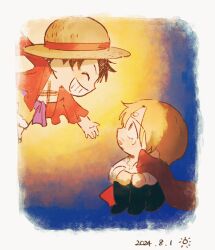 2boys ^_^ black_hair black_pants cape closed_eyes curly_eyebrows dated facial_hair gohan_ooo hat looking_at_another monkey_d._luffy multiple_boys mustache one_piece orange_shorts pants parted_lips purple_sash red_cape red_shirt sanji_(one_piece) sash scar scar_on_chest shirt short_hair shorts sitting straw_hat tears