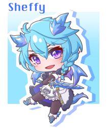 Rule 34 | 1girl, :d, absurdres, asymmetrical gloves, black gloves, blue background, blue hair, boots, brown gloves, brown pantyhose, character name, chibi, commentary request, dragon girl, dragon horns, dragon tail, dragon wings, dress, elbow gloves, fold-over boots, full body, fur-trimmed boots, fur-trimmed jacket, fur trim, gloves, grey boots, hair between eyes, highres, holding, holding sword, holding weapon, horns, jacket, looking at viewer, mismatched gloves, open clothes, open jacket, open mouth, outline, pantyhose, princess connect!, purple eyes, purple wings, saishosaisekojo, sheffy (princess connect!), smile, solo, sword, tail, weapon, white dress, white jacket, white outline, wings