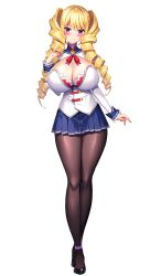 1girl absurdres ankle_strap black_pantyhose black_shoes blonde_hair blue_skirt blush breasts cleavage cleavage_cutout closed_mouth clothing_cutout derauea drill_hair full_body game_cg high_heels highres huge_breasts juliet_sleeves long_hair long_sleeves looking_at_viewer milk_factory motto!_haramase!_honoo_no_oppai_chou_ero_appli_gakuen! non-web_source official_art pantyhose pleated_skirt puffy_sleeves purple_eyes red_ribbon ribbon school_uniform shirt shoes skirt smile solo sonomiya_yukari sprite standing tachi-e transparent_background twin_drills white_shirt