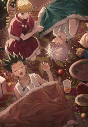 1girl 2boys biscuit_krueger black_hair blonde_hair capelet christmas_tree closed_eyes closed_mouth cup dress drinking_glass gloves gon_freecss highres hunter_x_hunter jewelry killua_zoldyck lying multiple_boys necklace on_back open_mouth re_tae44 red_capelet red_dress red_eyes shirt sitting sleeping sleeveless teeth twitter_username upper_teeth_only watermark white_gloves white_hair white_shirt