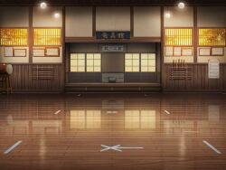 Rule 34 | artist request, ceiling light, dojo, drum, game cg, indoors, instrument, magia record: mahou shoujo madoka magica gaiden, mahou shoujo madoka magica, no humans, official art, reflective floor, shouji, sign, sky, sliding doors, sunset, taiko drum, tape, tree, window, wooden floor, yellow sky