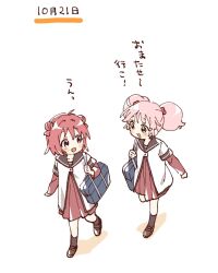 2girls :d akaza_akari bag blush_stickers brown_sailor_collar brown_shoes brown_socks commentary_request double_bun dress eye_contact full_body green_eyes hair_bobbles hair_bun hair_ornament highres layered_sleeves long_sleeves looking_at_another multiple_girls namori nanamori_school_uniform open_mouth pink_hair purple_eyes red_dress red_hair sailor_collar school_bag school_uniform shirt shoes short_hair short_over_long_sleeves short_sleeves simple_background smile socks standing translation_request twintails white_background white_shirt yoshikawa_chinatsu yuru_yuri