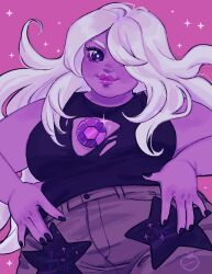 1girl amethyst_(steven_universe) black_nails colored_skin commentary curvy english_commentary gem hair_over_one_eye hands_on_own_hips long_hair munrou plump purple_background purple_eyes purple_gemstone purple_skin shirt solo sparkle steven_universe thick_arms torn_clothes torn_shirt upper_body watermark white_hair