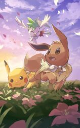 Rule 34 | bandana, bandana around neck, body fur, brown eyes, brown fur, closed eyes, eevee, flower, gen 1 pokemon, gen 4 pokemon, highres, legendary pokemon, mythical pokemon, nature, nintendo, no humans, outdoors, petals, pikachu, pokemon, pokemon (creature), pokemon mystery dungeon, shaymin, shaymin (sky), sunset, yamaori (hakkentai pokedan), yellow fur