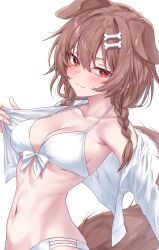 1girl :3 absurdres animal_ears armpit_crease bikini blush bone_hair_ornament braid breasts cleavage closed_mouth clothes_pull collarbone commentary dog_ears dog_girl dog_tail front-tie_bikini_top front-tie_top hair_between_eyes hair_ornament highres hololive inugami_korone looking_at_viewer low_twin_braids medium_breasts medium_hair navel open_clothes open_shirt orange_eyes rei_(9086) shirt shirt_pull simple_background smile solo stomach swimsuit tail twin_braids upper_body virtual_youtuber white_background white_bikini white_shirt