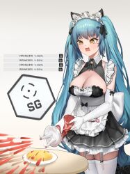1girl @_@ absurdres animal_ear_fluff animal_ears apron bell black_bow blue_hair bow breasts cat_ears cleavage dress elbow_gloves failure fishbun food frilled_dress frills gameplay_mechanics garter_straps gloves goddess_of_victory:_nikke highres jingle_bell ketchup ketchup_bottle korean_text large_breasts long_hair maid maid_apron maid_headdress neck_bell omelet open_mouth plate privaty_(nikke) privaty_(unkind_maid)_(nikke) simple_background solo table thighhighs twintails very_long_hair white_gloves white_thighhighs yellow_eyes zettai_ryouiki