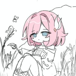 Rule 34 | 1girl, blue eyes, book, bug, butterfly, coat, commentary, cyrene (honkai: star rail), dress, hair ornament, highres, holding, holding quill, honkai: star rail, honkai (series), insect, open book, outdoors, partially colored, pink hair, quill, short hair, sitting, solo, symbol-only commentary, twitter username, veronika hir0, wheat