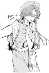 1girl bandaged_hand bandages beret braid commentary_request cowboy_shot dated grin hair_ornament hat highres hong_meiling long_hair looking_at_viewer meiling_day monochrome outstretched_arm parted_bangs risui_(suzu_rks) shirt short_sleeves side_braids simple_background skirt smile solo star_(symbol) star_hair_ornament touhou v v_over_mouth vest white_background