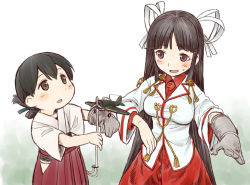 10s 2girls aircraft airplane bad_id bad_pixiv_id black_hair blouse blunt_bangs breasts brown_eyes dress_shirt flat_chest folded_ponytail gloves hair_ribbon hakama hakama_skirt harukaze_unipo hiyou_(kancolle) japanese_clothes kantai_collection kasuga_maru_(kancolle) long_hair magatama medium_breasts multiple_girls red_hakama ribbon shirt short_sleeves single_glove skirt taiyou_(kancolle) toy_airplane uniform very_long_hair