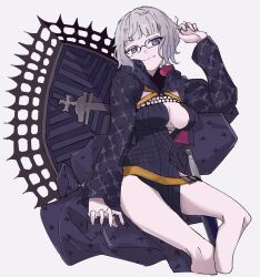 1girl black_dress breasts center_opening cleavage closed_mouth commentary dress fate/grand_order fate_(series) glasses grey_hair highres jacques_de_molay_(foreigner)_(fate) jacques_de_molay_(foreigner)_(third_ascension)_(fate) long_sleeves medium_breasts playing_with_own_hair purple_eyes short_hair simple_background smile solo yamamon_0